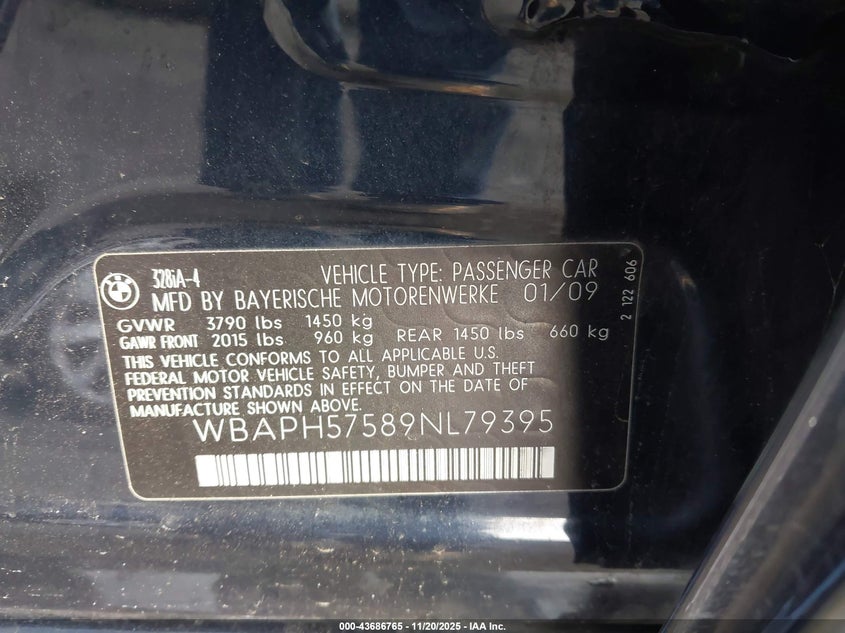 2009 BMW 328I VIN: WBAPH57589NL79395 Lot: 43686765