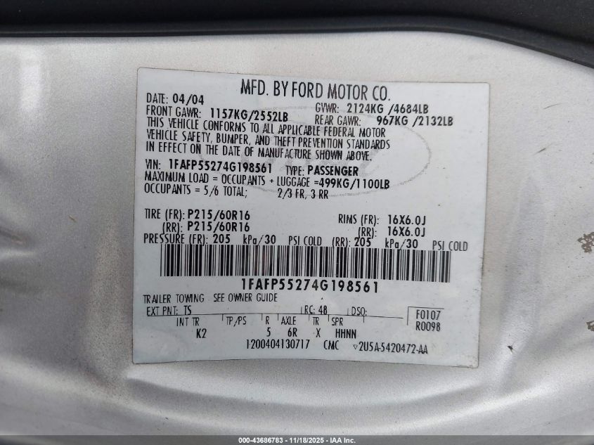 2004 Ford Taurus Ses VIN: 1FAFP55274G198561 Lot: 43686783