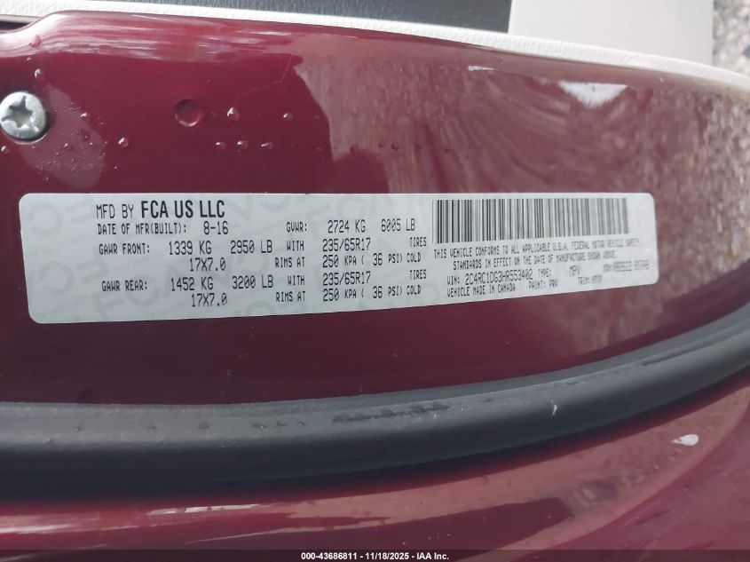 2017 Chrysler Pacifica Touring VIN: 2C4RC1DG3HR553402 Lot: 43686811