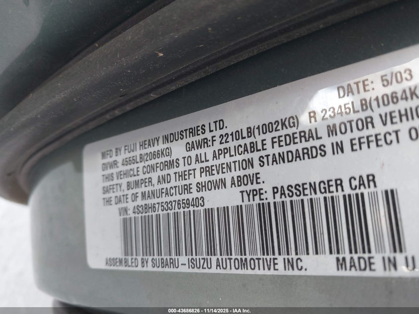 4S3BH675337659403 2003 SUBARU OUTBACK photo no. 9