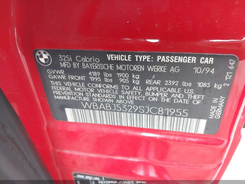 1995 BMW 325 Ic VIN: WBABJ5329SJC81955 Lot: 43686835