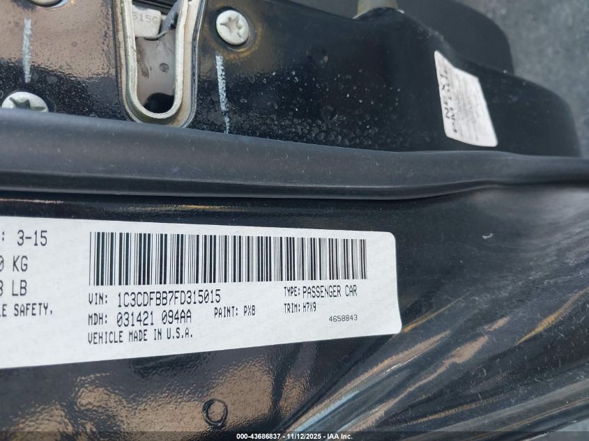 2015 Dodge Dart Sxt VIN: 1C3CDFBB7FD315015 Lot: 43686837