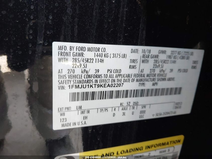 2019 Ford Expedition Limited VIN: 1FMJU1KT9KEA02207 Lot: 43686855