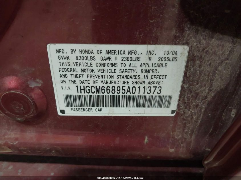 2005 Honda Accord 3.0 Ex VIN: 1HGCM66895A011373 Lot: 43686865