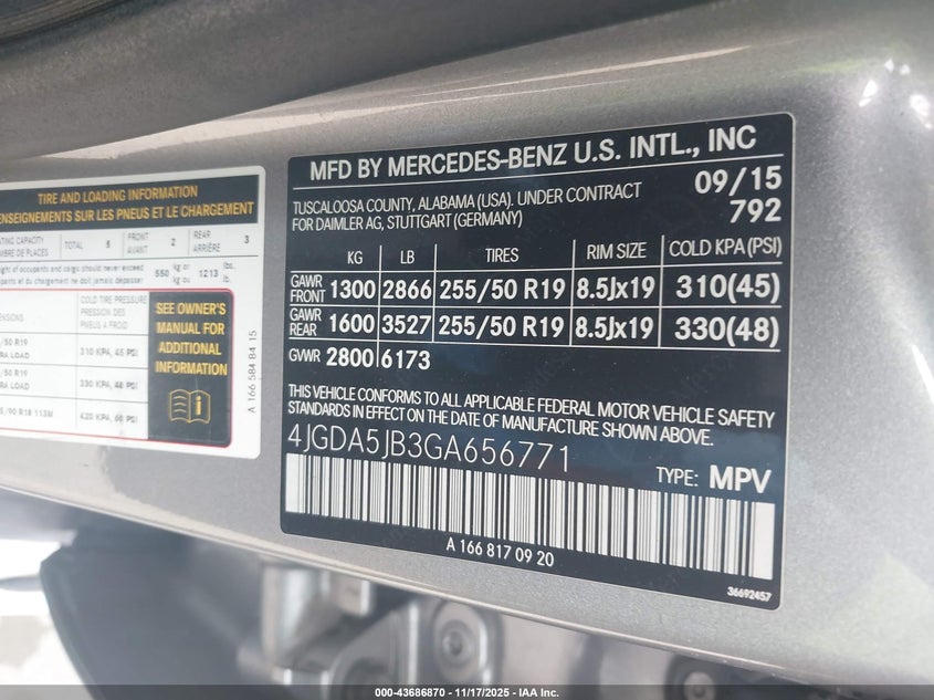 2016 Mercedes-Benz Gle 350 VIN: 4JGDA5JB3GA656771 Lot: 43686870