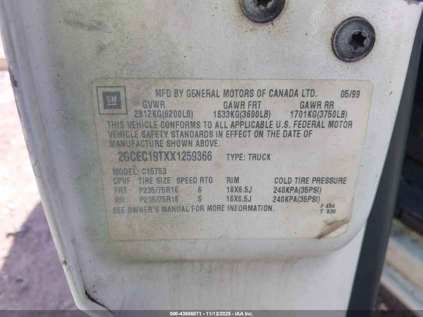 1999 Chevrolet Silverado 1500 VIN: 2GCEC19TXX1259366 Lot: 43686871