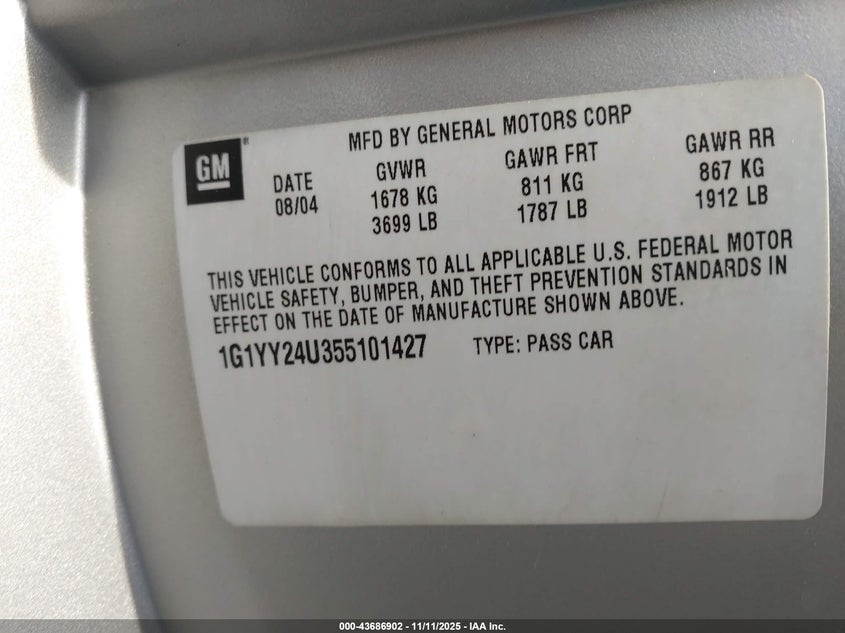 2005 Chevrolet Corvette VIN: 1G1YY24U355101427 Lot: 43686902