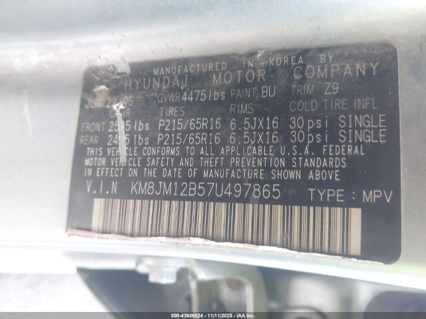 2007 Hyundai Tucson Gls VIN: KM8JM12B57U497865 Lot: 43686924