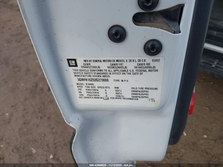 2002 Chevrolet Suburban 1500 Ls VIN: 3GNFK16Z52G273666 Lot: 43686925