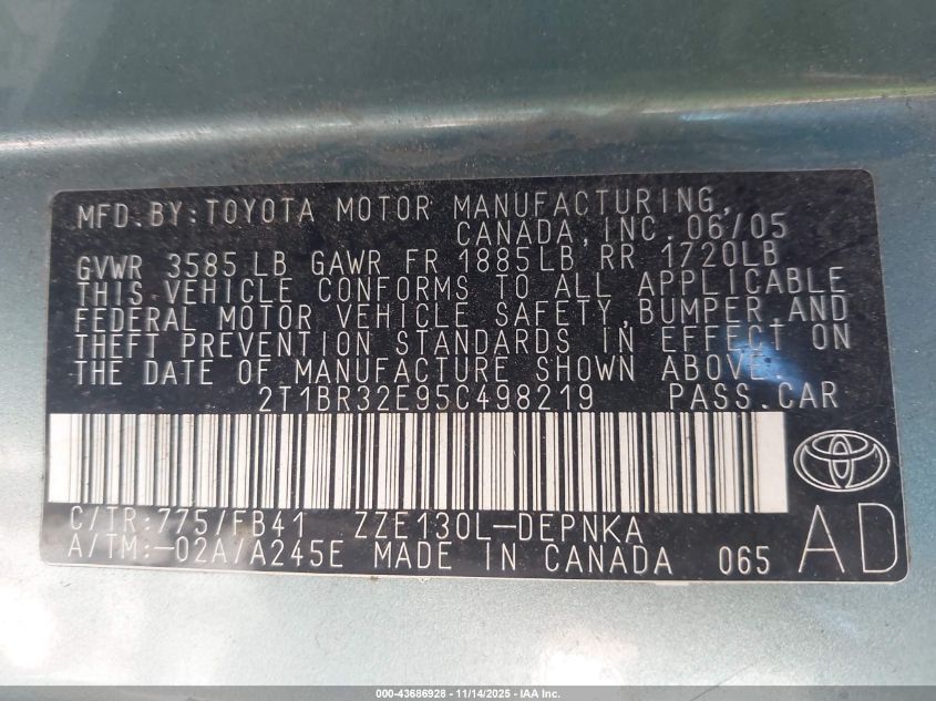 2005 Toyota Corolla Le VIN: 2T1BR32E95C498219 Lot: 43686928