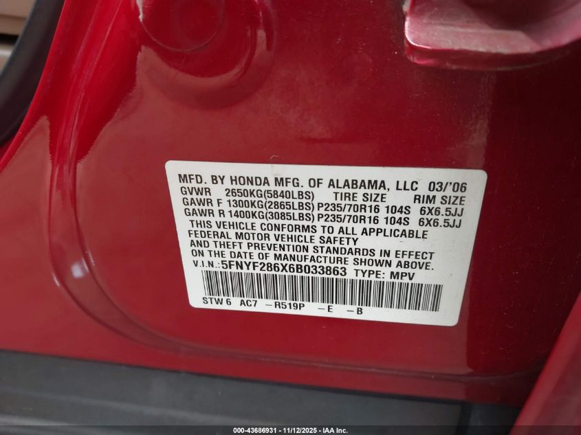 2006 Honda Pilot Ex-L VIN: 5FNYF286X6B033863 Lot: 43686931