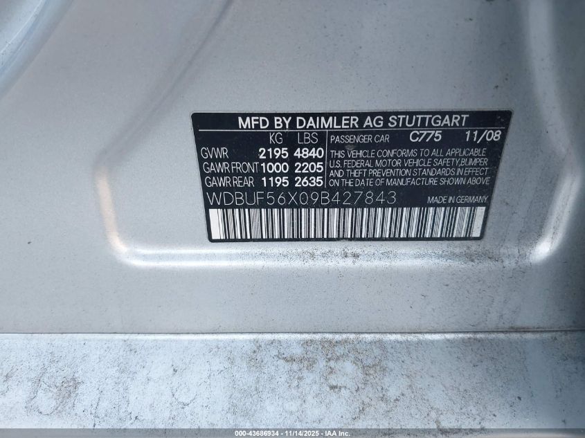 2009 Mercedes-Benz E 350 VIN: WDBUF56X09B427843 Lot: 43686934
