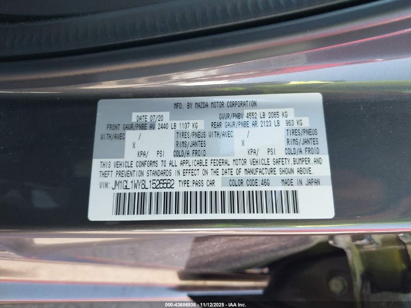 2020 Mazda Mazda6 Grand Touring Reserve VIN: JM1GL1WY8L1526562 Lot: 43686938