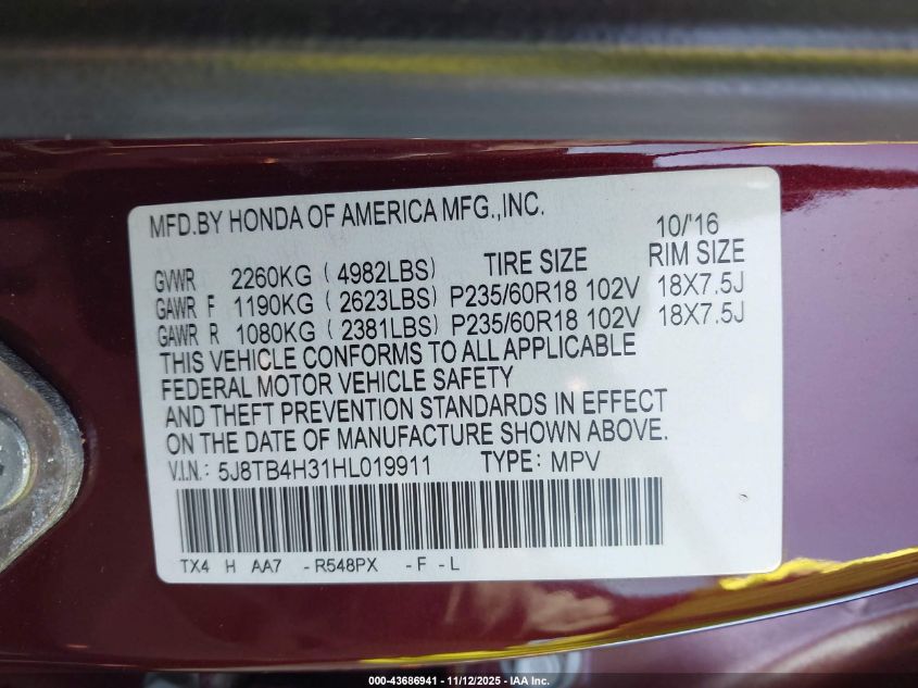 2017 Acura Rdx Acurawatch Plus Package VIN: 5J8TB4H31HL019911 Lot: 43686941