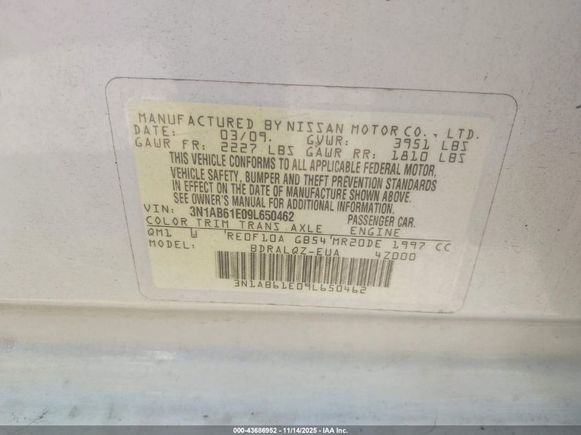 2009 Nissan Sentra 2.0 VIN: 3N1AB61E09L650462 Lot: 43686952