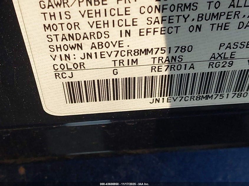 2021 Infiniti Q50 Sensory Awd VIN: JN1EV7CR8MM751780 Lot: 43686958