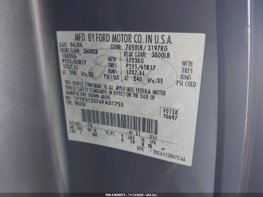 2004 Ford F-150 Lariat/Xl/Xlt VIN: 1FTPX12574FA01755 Lot: 43686972