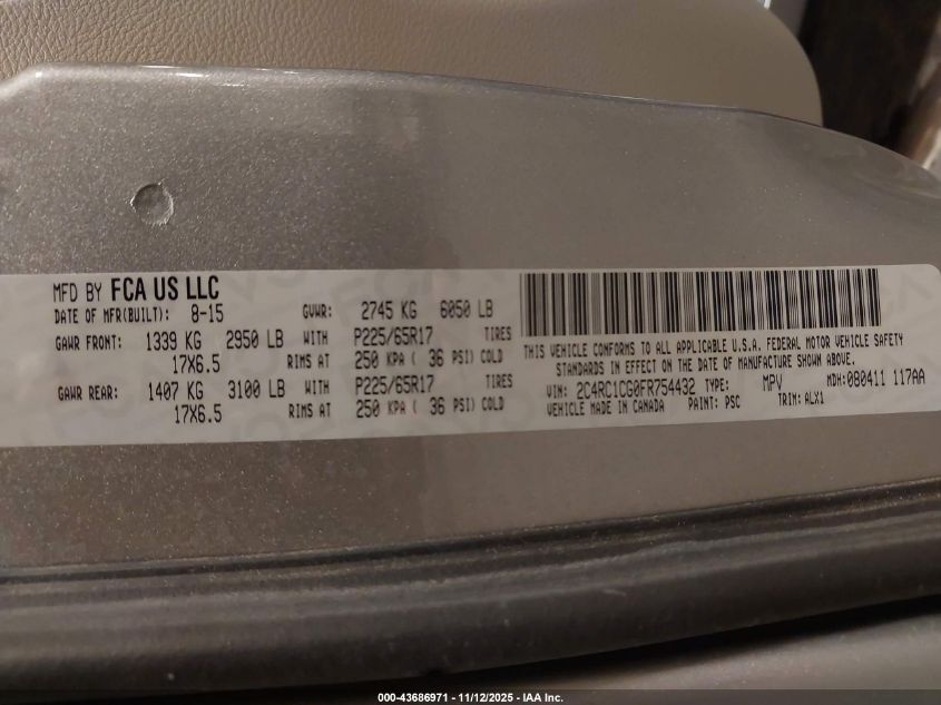 2015 Chrysler Town & Country Touring-L VIN: 2C4RC1CG0FR754432 Lot: 43686971