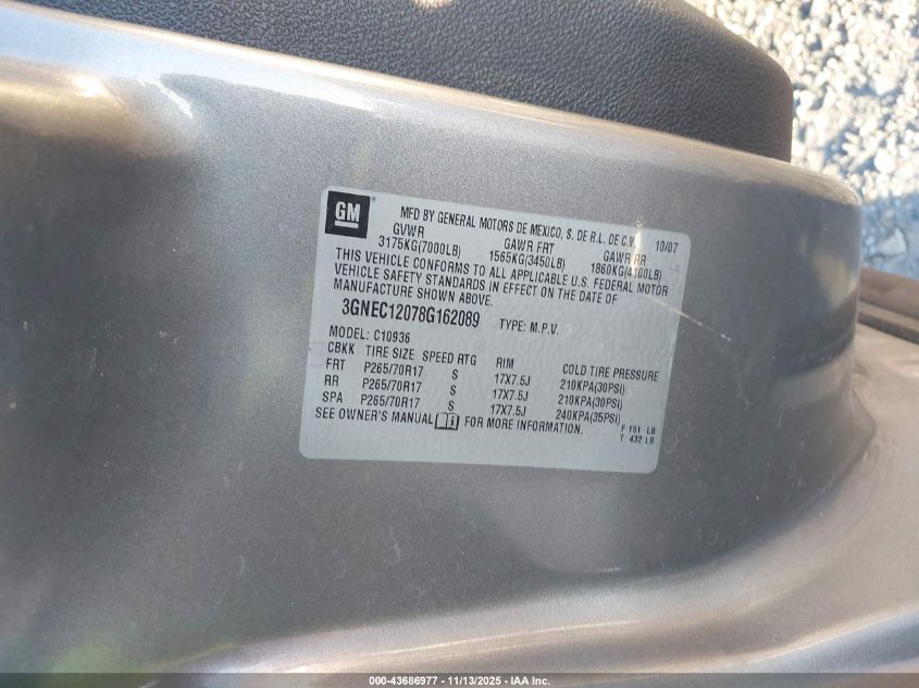 2008 Chevrolet Avalanche 1500 Ls VIN: 3GNEC12078G162089 Lot: 43686977