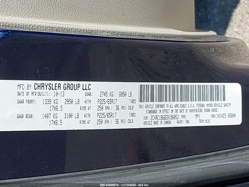 2014 Chrysler Town & Country Touring VIN: 2C4RC1BG6ER196053 Lot: 43686978