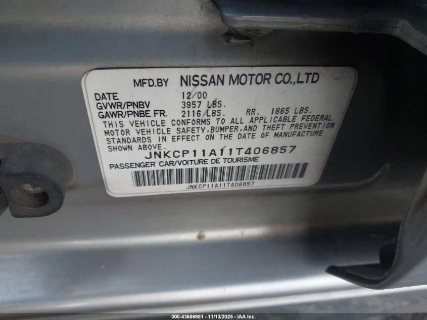 2001 Infiniti G20 Luxury VIN: JNKCP11A11T406857 Lot: 43686981