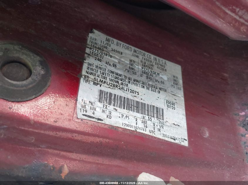 2004 Lincoln Navigator VIN: 5LMFU28R54LJ12075 Lot: 43686988