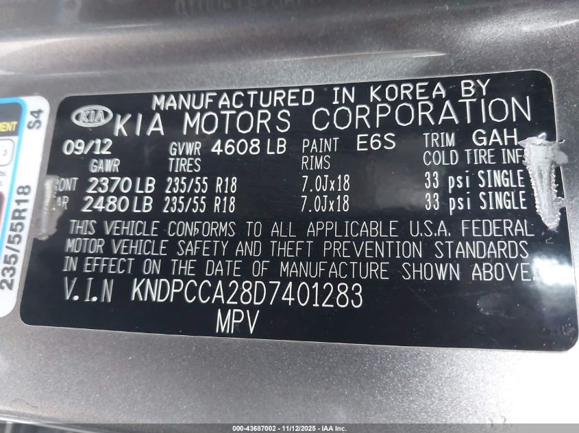 2013 Kia Sportage Ex VIN: KNDPCCA28D7401283 Lot: 43687002