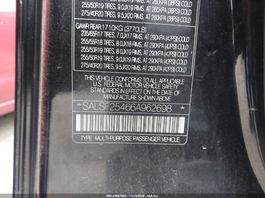 2006 Land Rover Range Rover Sport Hse VIN: SALSF25466A962698 Lot: 43687003