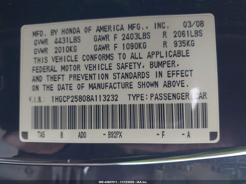 1HGCP25808A113232 2008 HONDA ACCORD photo no. 9