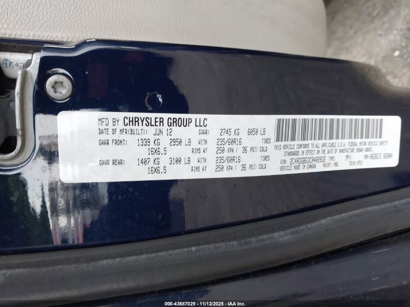 2012 Dodge Grand Caravan Se/Avp VIN: 2C4RDGBG3CR402832 Lot: 43687029