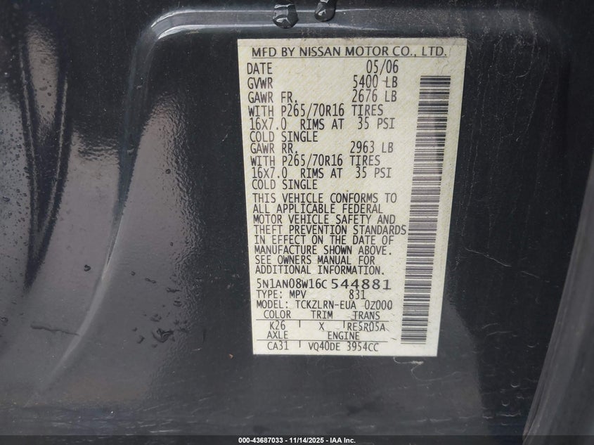 5N1AN08W16C544881 2006 NISSAN XTERRA photo no. 9