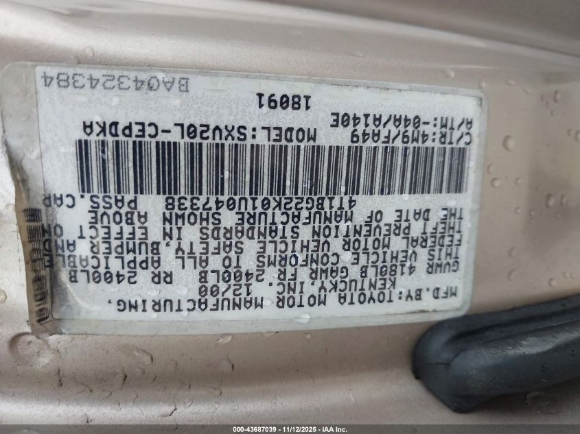 2001 Toyota Camry Ce VIN: 4T1BG22K01U047338 Lot: 43687039