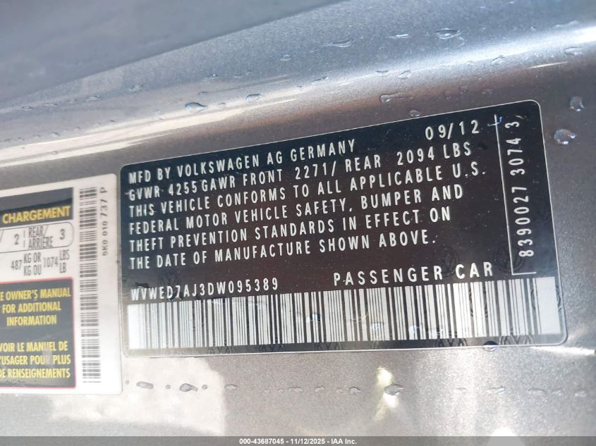 2013 Volkswagen Gti VIN: WVWED7AJ3DW095389 Lot: 43687045