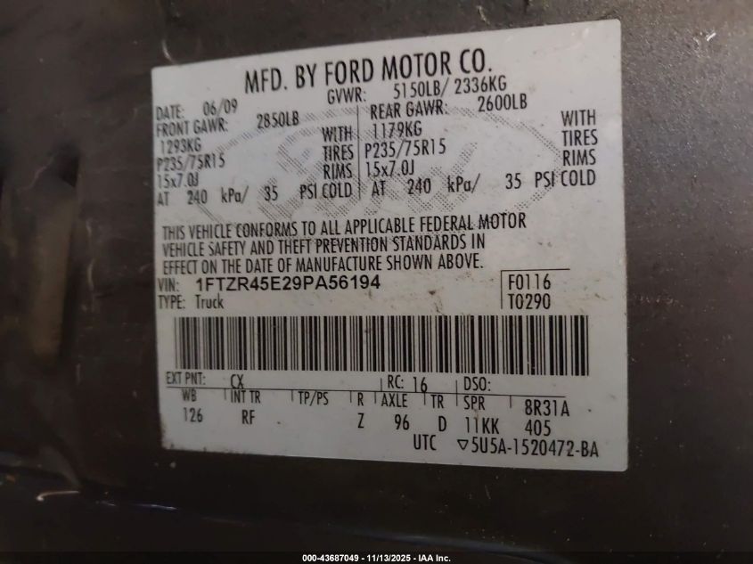 2009 Ford Ranger Fx4 Off-Road/Sport/Xlt VIN: 1FTZR45E29PA56194 Lot: 43687049