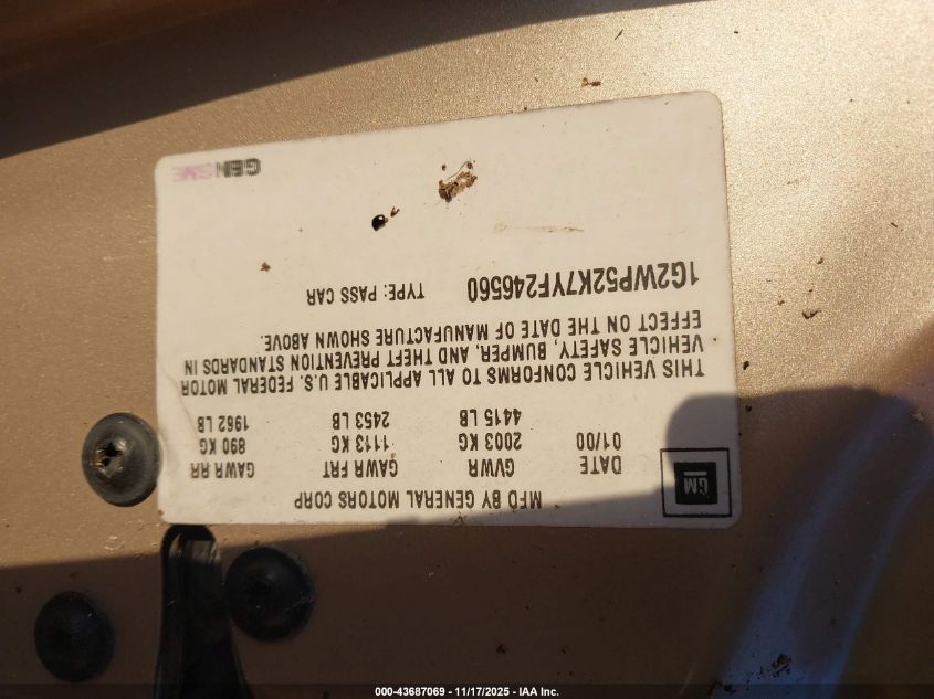 2000 Pontiac Grand Prix Gt VIN: 1G2WP52K7YF246560 Lot: 43687069