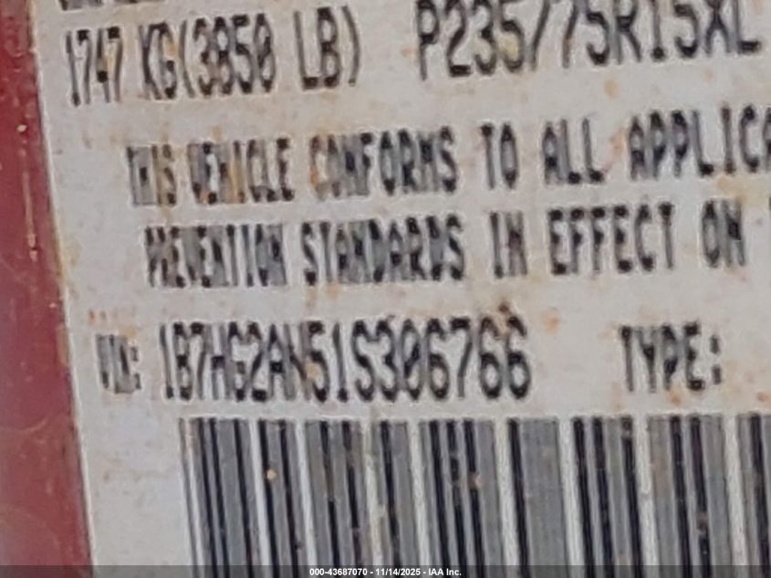 2001 Dodge Dakota Slt/Sport VIN: 1B7HG2AN51S306766 Lot: 43687070