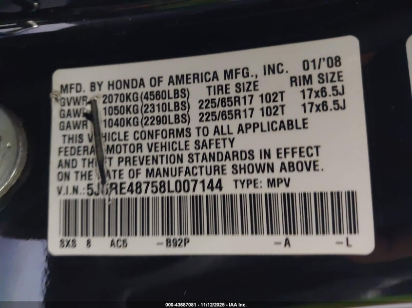 2008 Honda Cr-V Ex-L VIN: 5J6RE48758L007144 Lot: 43687081
