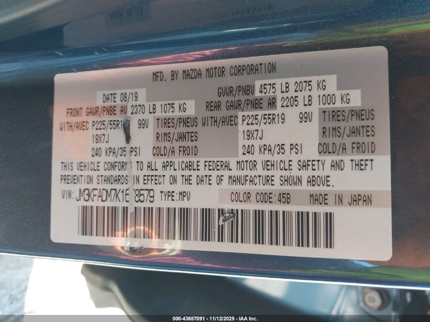 2019 Mazda Cx-5 Grand Touring VIN: JM3KFADM7K1678579 Lot: 43687091