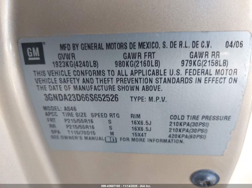 2006 Chevrolet Hhr Lt VIN: 3GNDA23D66S652526 Lot: 43687100