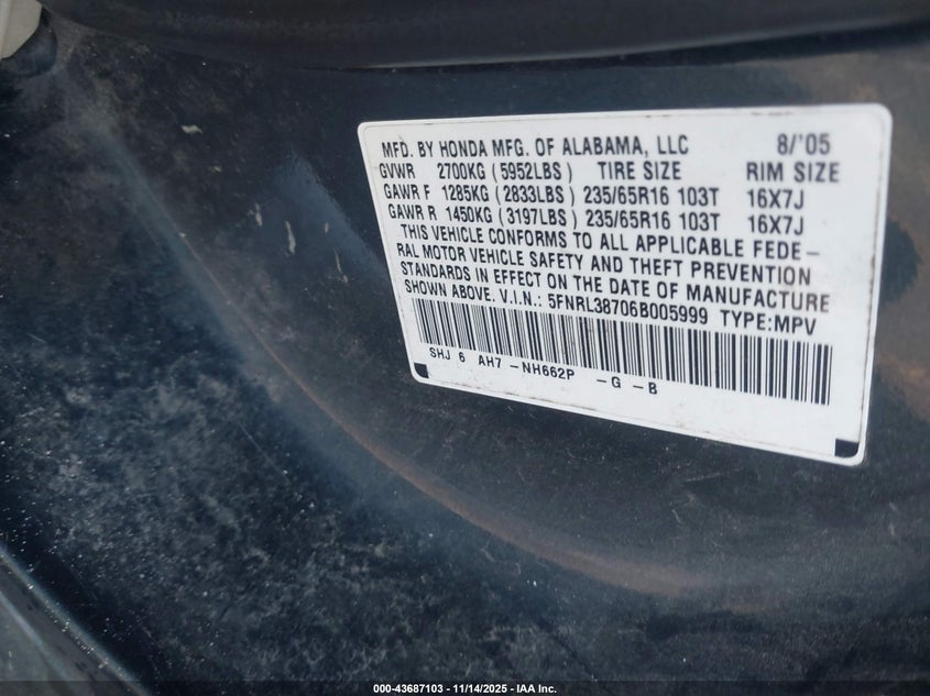 2006 Honda Odyssey Ex-L VIN: 5FNRL38706B005999 Lot: 43687103