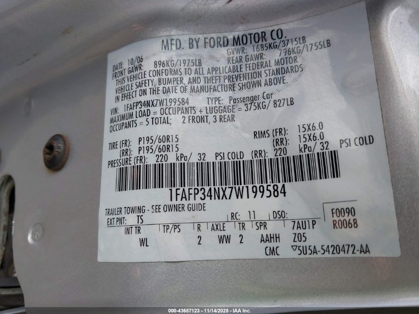 2007 Ford Focus S/Se/Ses VIN: 1FAFP34NX7W199584 Lot: 43687123