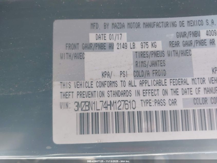 2017 Mazda Mazda3 Touring VIN: 3MZBN1L74HM127610 Lot: 43687125