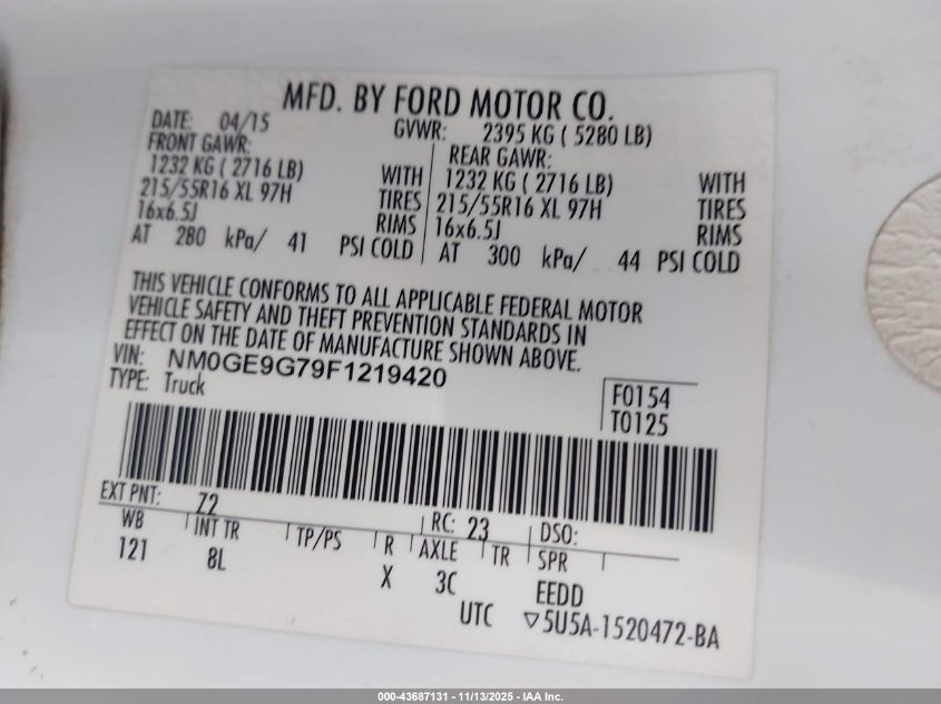 2015 Ford Transit Connect Titanium VIN: NM0GE9G79F1219420 Lot: 43687131