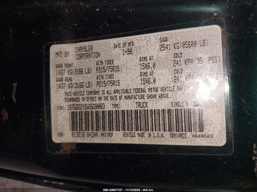 1B7GG22Y2WS620063 1998 DODGE DAKOTA photo no. 9