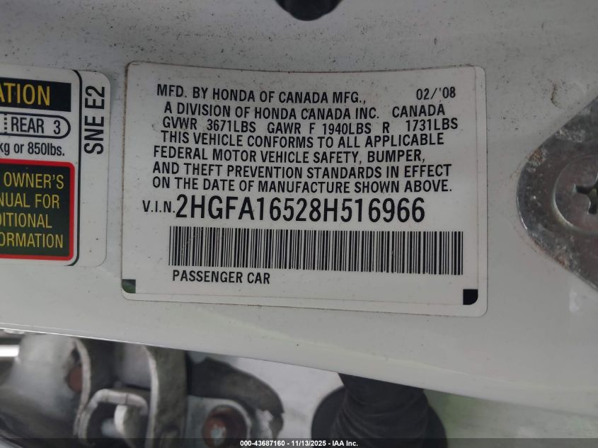 2008 Honda Civic Lx VIN: 2HGFA16528H516966 Lot: 43687160