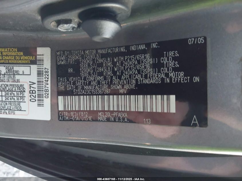 2005 Toyota Sienna Le VIN: 5TDZA23C15S367287 Lot: 43687165