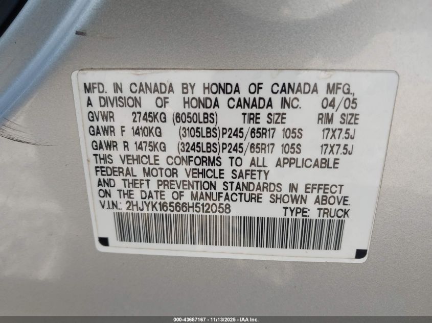 2006 Honda Ridgeline Rtl VIN: 2HJYK16566H512058 Lot: 43687167