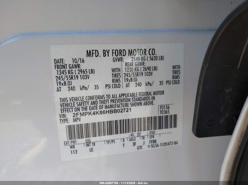 2017 Ford Edge Titanium VIN: 2FMPK4K86HBB02721 Lot: 43687169
