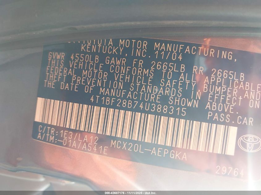 2004 Toyota Avalon Xls VIN: 4T1BF28B74U388315 Lot: 43687176