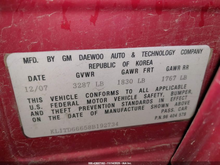 2008 Chevrolet Aveo 5 Ls VIN: KL1TD66658B192734 Lot: 43687182